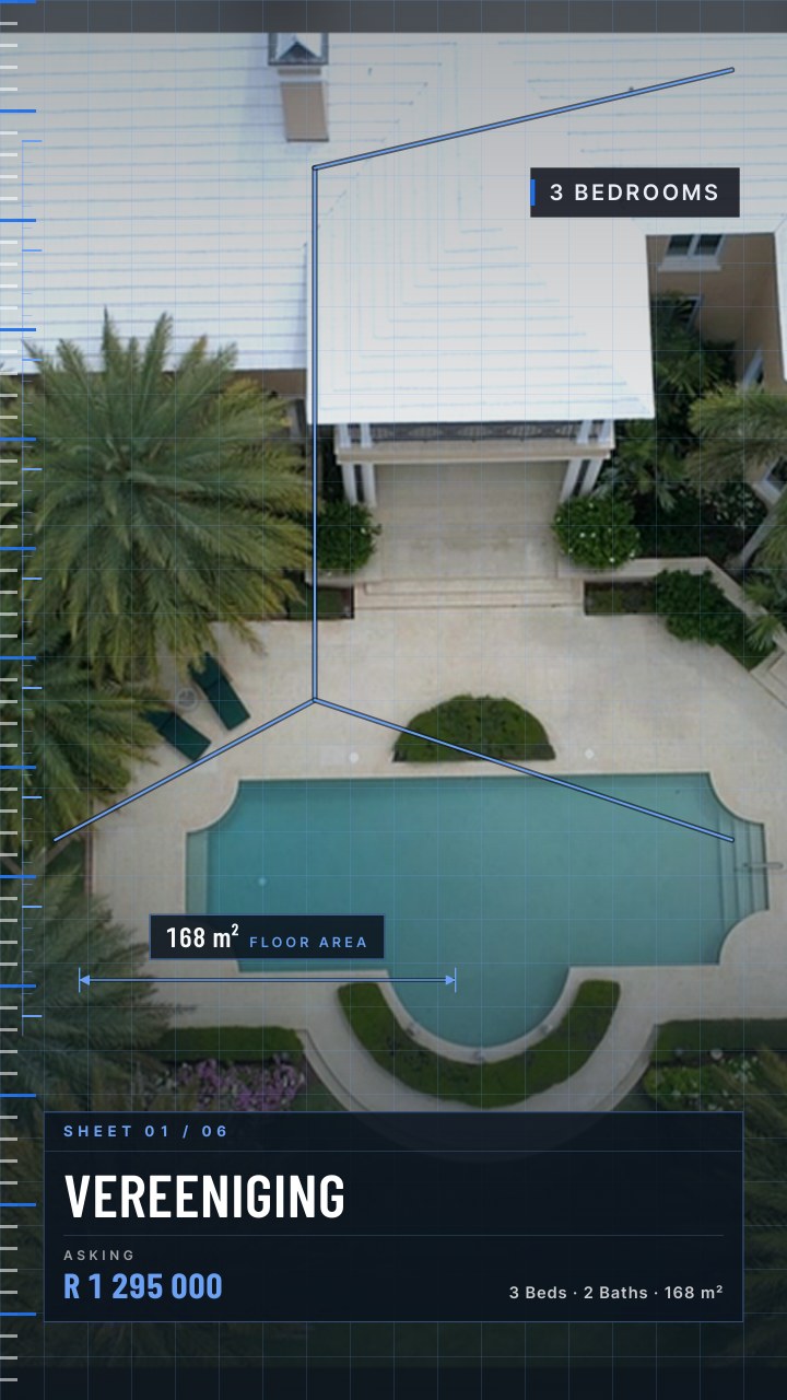 Blueprint — Architectural lines draw themselves over each photograph and the measurements are annotated on them like a drawing.