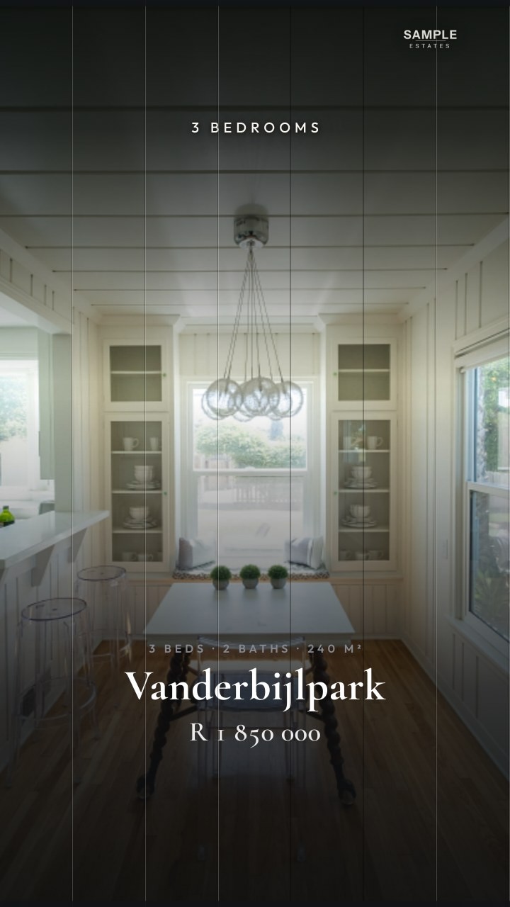 Louvres — Each room opens behind a row of louvres that turn flat one after another, with the facts set in a serif beneath.