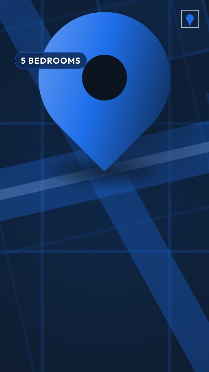 Arrival — A drawn street map finds the suburb, a brand pin drops and rings out, and the frame falls into the front of the house.