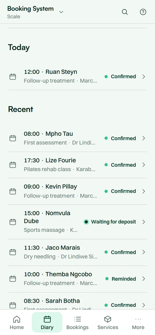 The Booking System app on a phone: today’s bookings with times, services and their status.