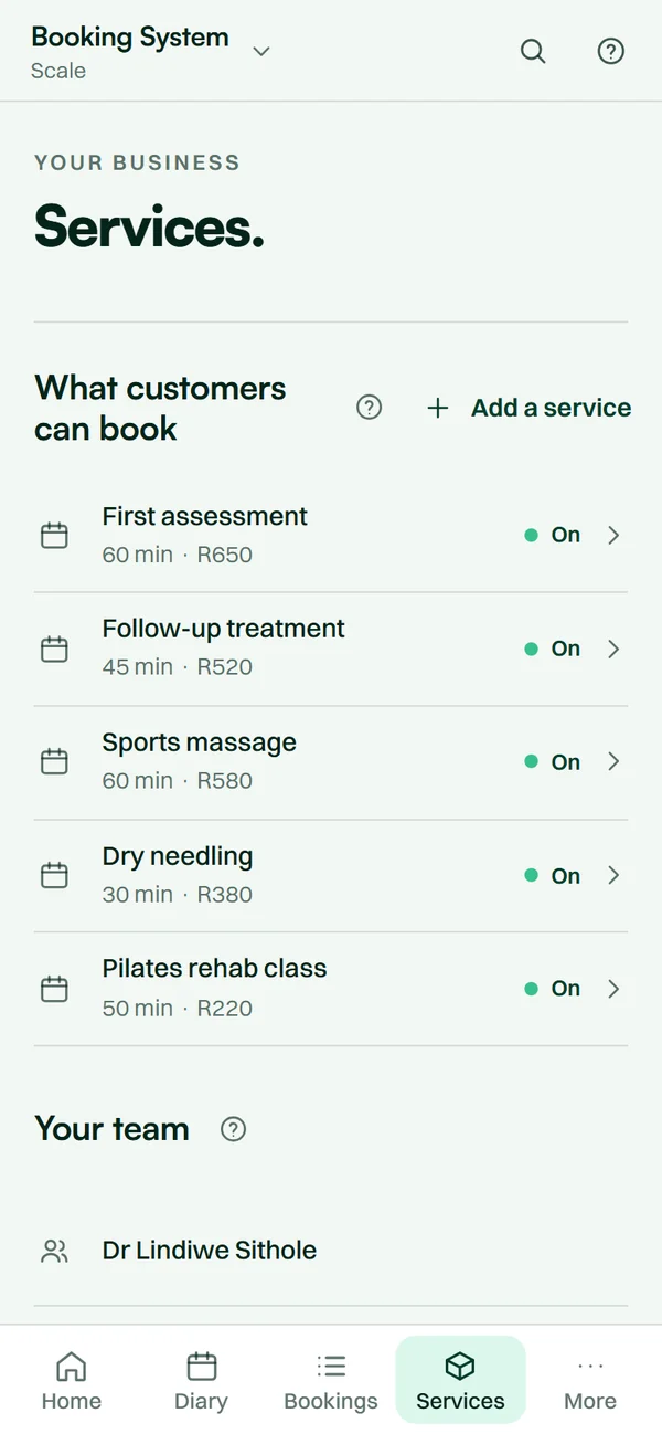 The Booking System app on a phone: the services customers can book, with times and prices.