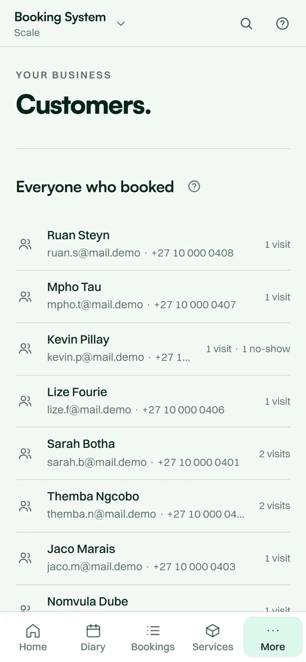 The Booking System app on a phone: customers built from bookings, with their visits counted.