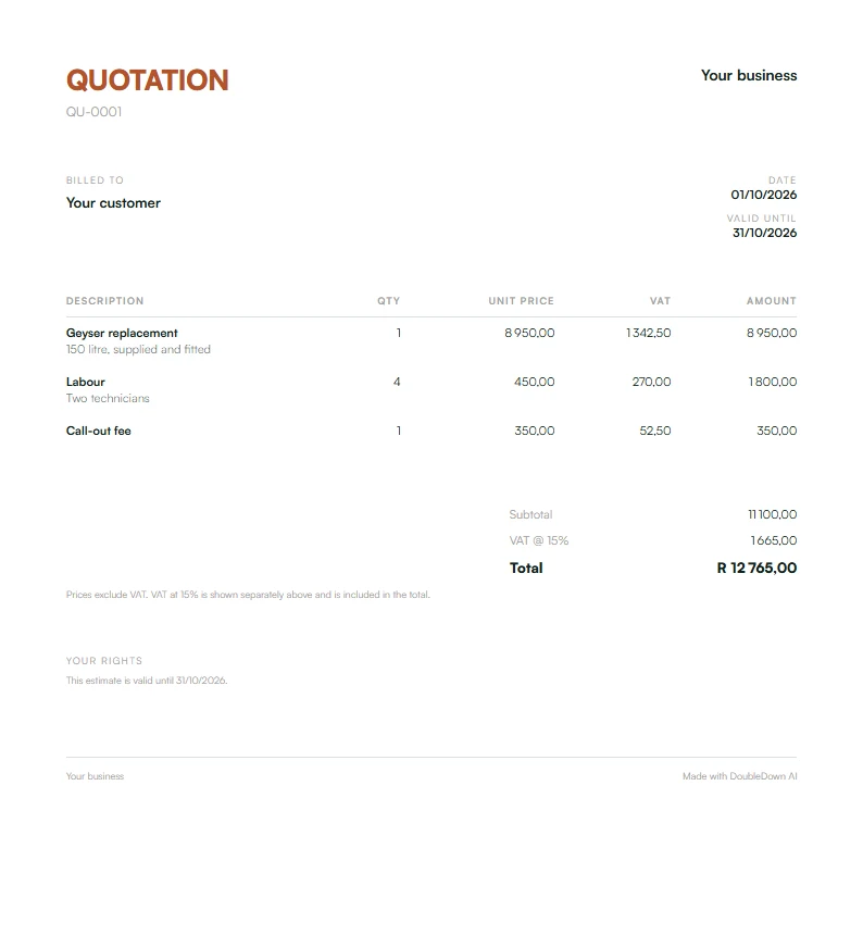 An example quotation in the Modern layout, with VAT at 15% and a total.