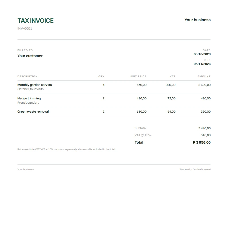 An example tax invoice in the Classic layout, with VAT at 15% and the amount due.