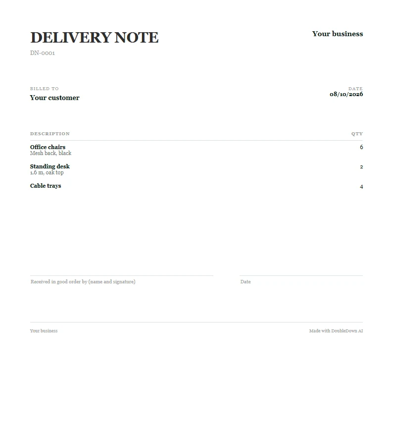 An example delivery note in the Letterhead layout, listing the goods and no prices.