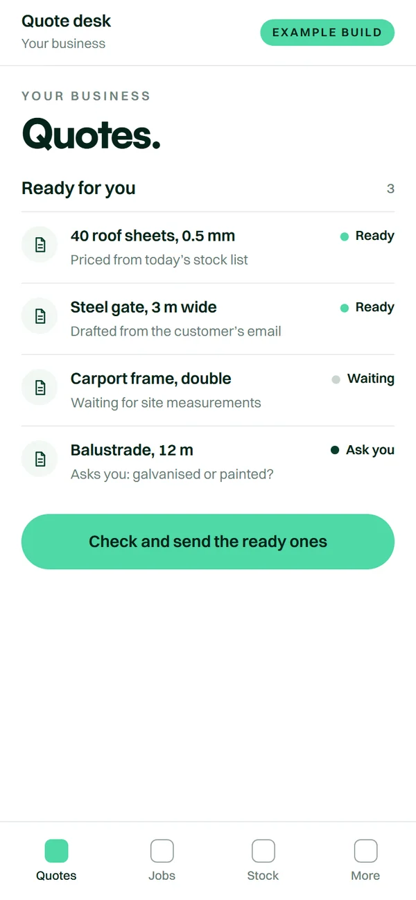 An example build: a quote desk app where an agent drafts quotes from the stock list and emails for a person to check.