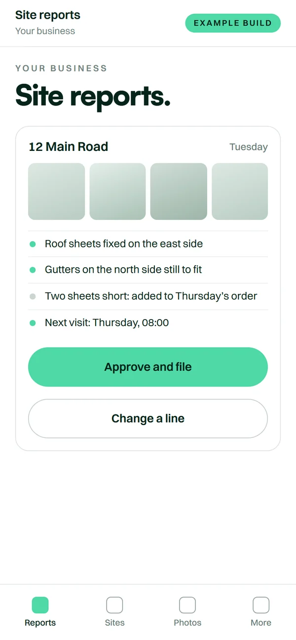 An example build: a site report drafted from photos, waiting for a person to approve and file it.