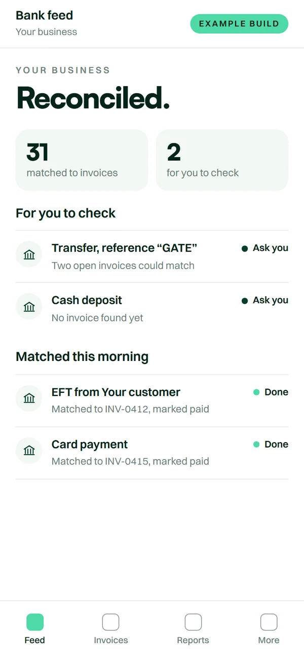 An example build: a bank feed matched to invoices, with two payments left for a person to check.