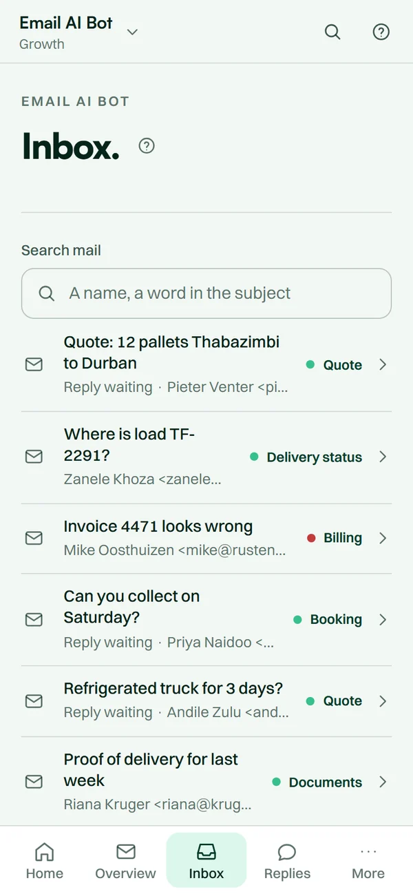 The Email AI Bot app on a phone: an inbox where every email carries a label such as quote, billing or booking.