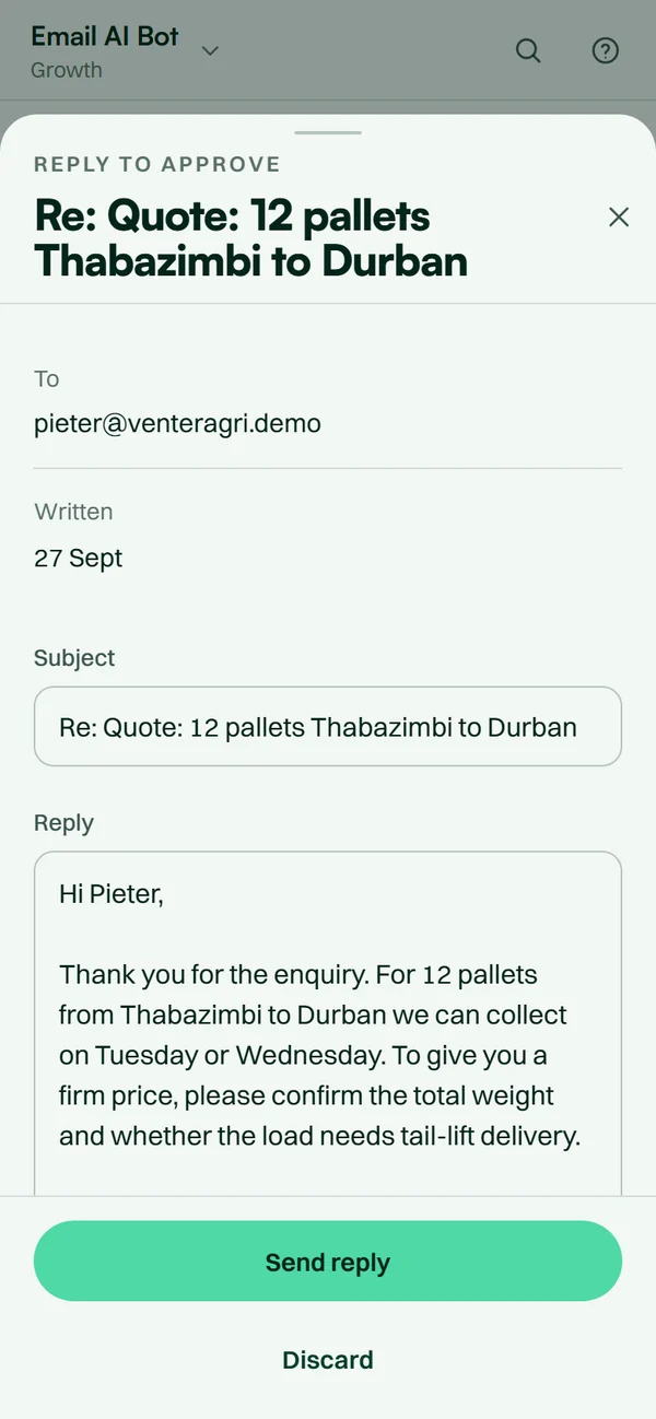 The Email AI Bot app on a phone: a reply it drafted, with buttons to send it or discard it.