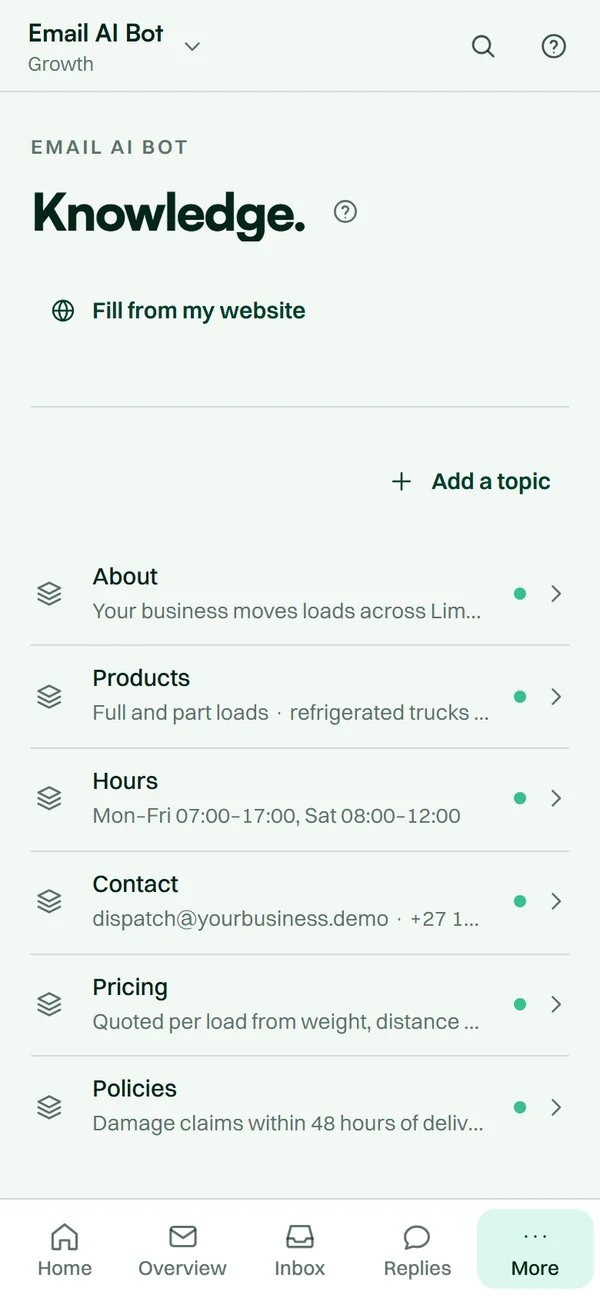The Email AI Bot app on a phone: the knowledge it answers from, such as hours, products and pricing.