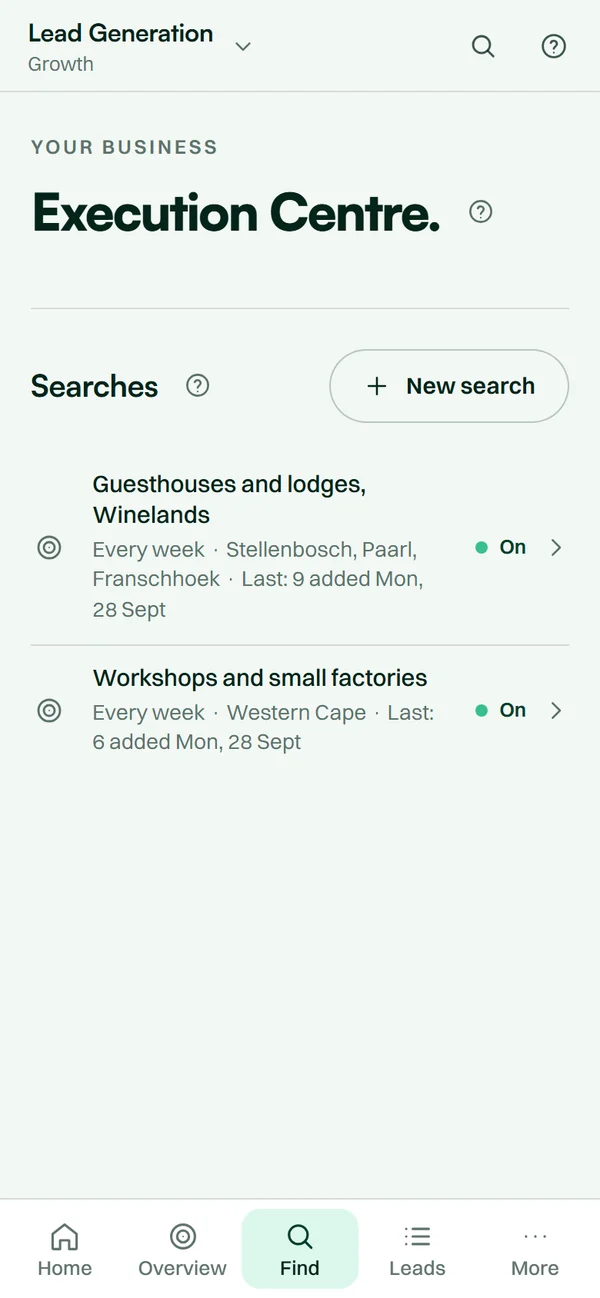 The Lead Generation app on a phone: saved searches that run every week.