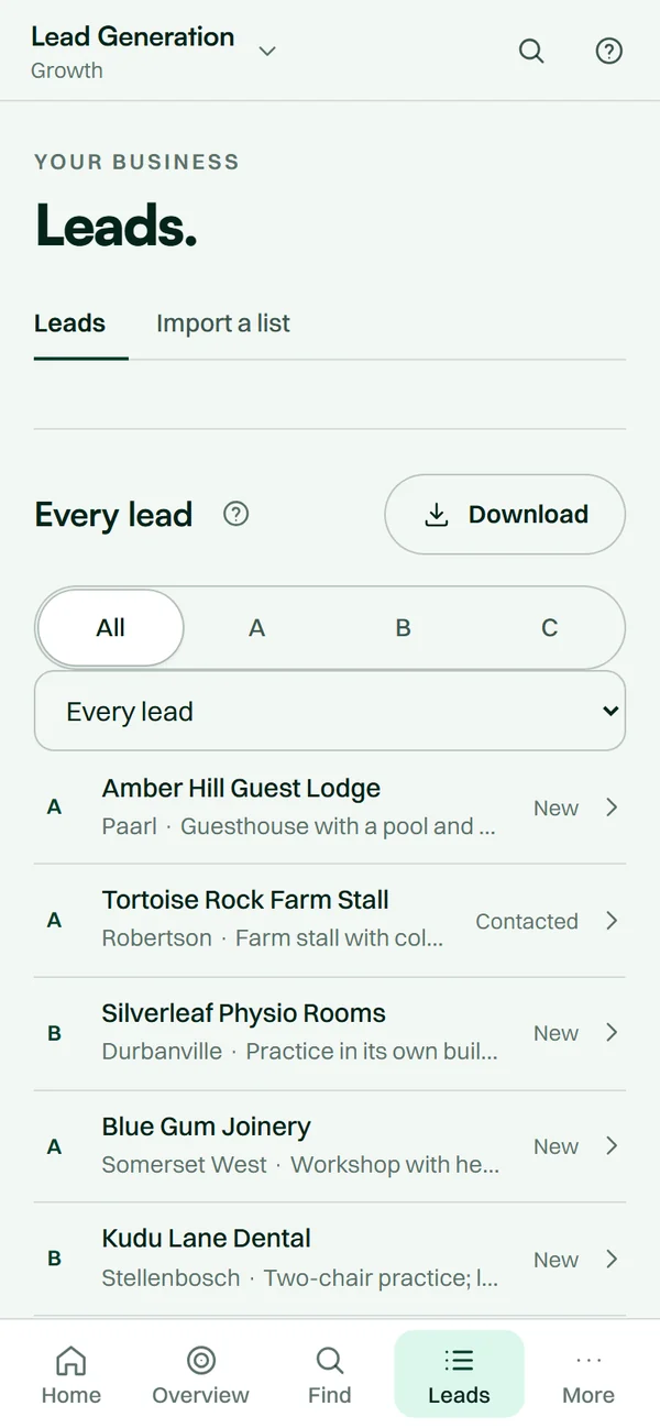The Lead Generation app on a phone: a list of leads, each graded A, B or C.