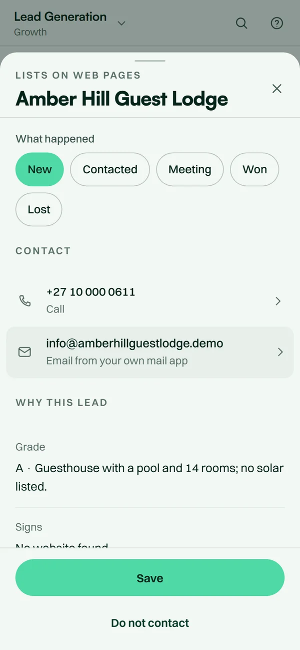 The Lead Generation app on a phone: one lead’s card with its grade, the reason and what happened next.