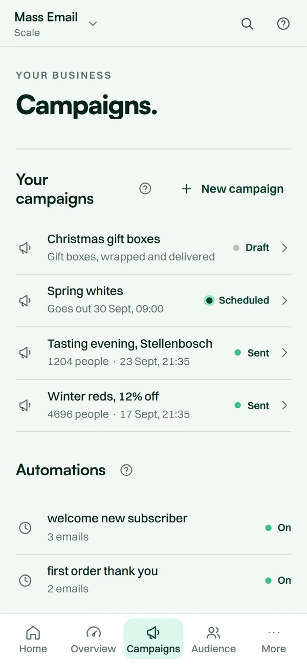 The Mass Email app on a phone: sent, scheduled and draft campaigns, and automations.
