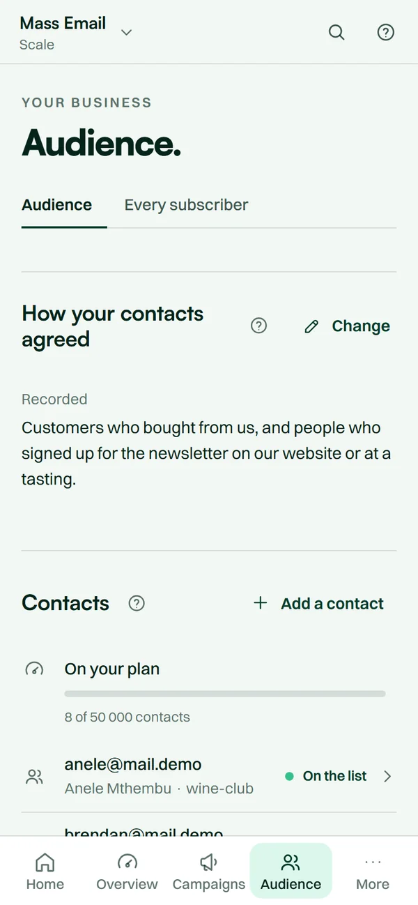 The Mass Email app on a phone: the contact list and how each person agreed to hear from you.