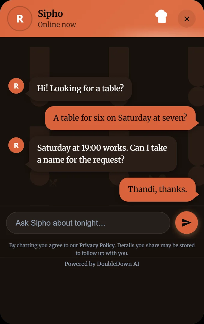 A Pro+ website chatbot for a restaurant, taking a table request in English.