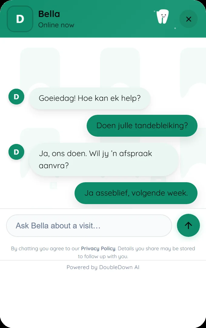 A Pro+ website chatbot for a dental practice, answering in Afrikaans and passing on an appointment request.