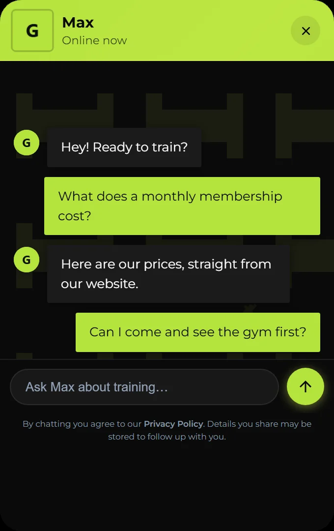 A Pro+ website chatbot for a gym, pointing to its prices and passing on a visit request.