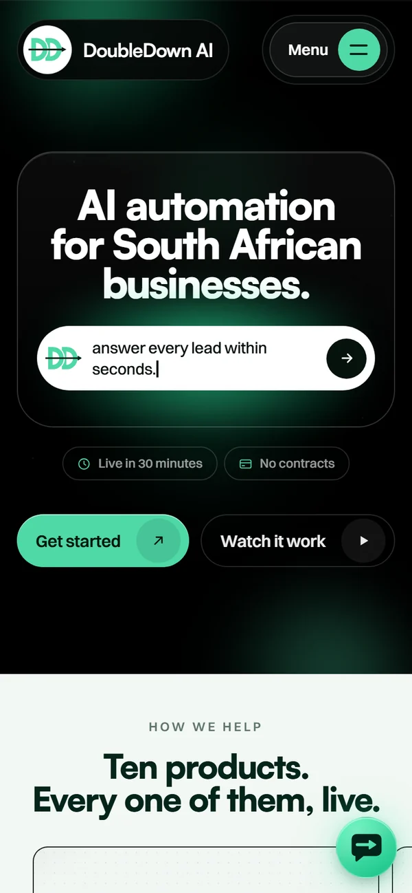 Our own homepage on a phone: the opening screen with the headline and one button.