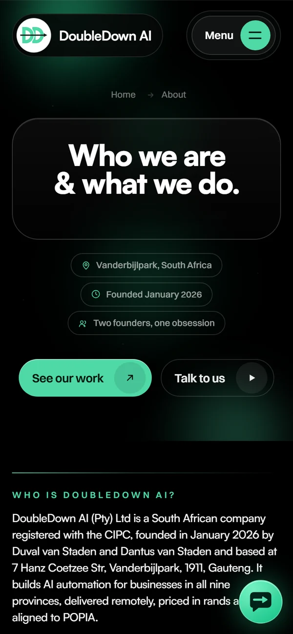 Our about page on a phone.